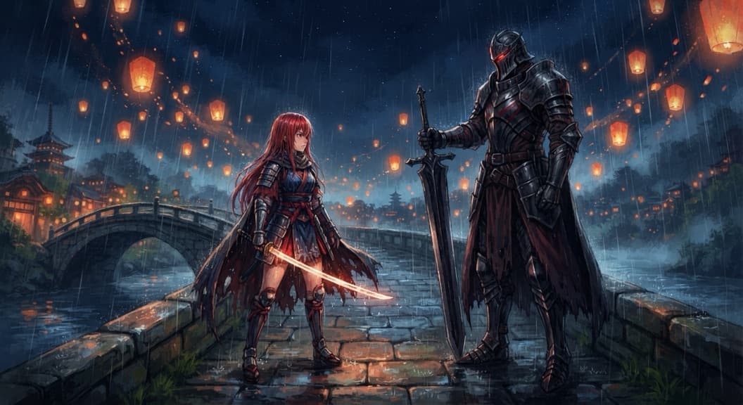 Cena ilustrada de exemplo: uma espadachim e um cavaleiro de armadura numa ponte sob a chuva, com lanternas no céu.